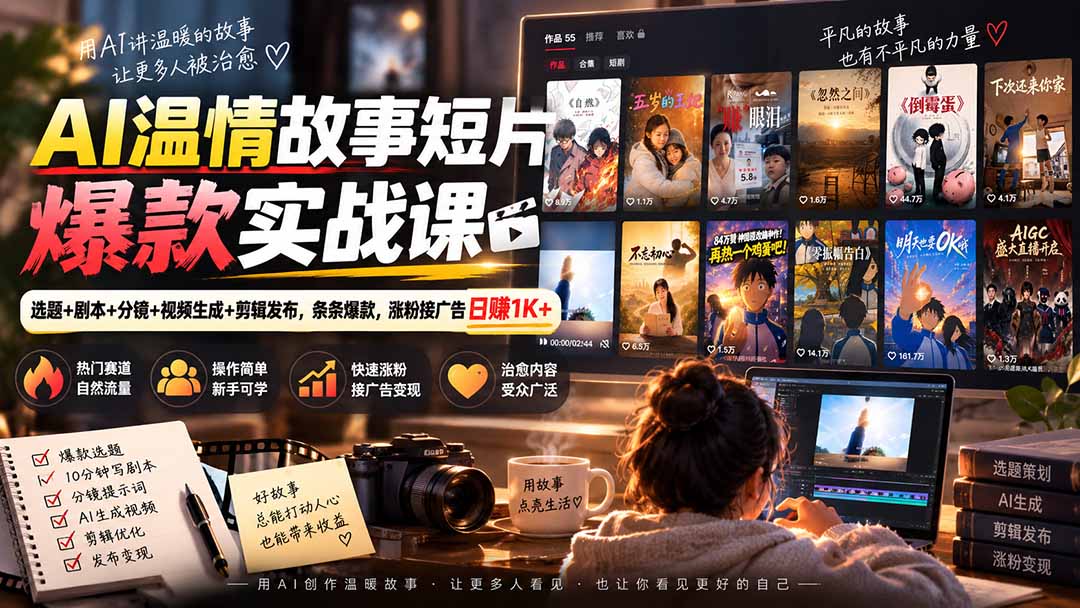 AI温情故事短片爆款实战课-更新|选题+剧本+分镜+视频生成+剪辑发布,条条爆款,涨粉接广告日赚1K+-来聚吧