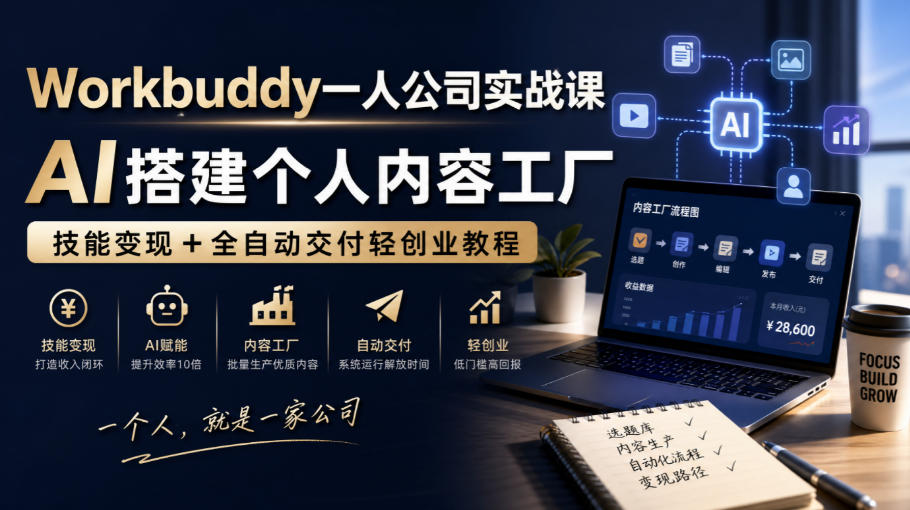 Workbuddy一人公司实战课,AI搭建个人内容工厂,技能变现+全自动交付轻创业教程-来聚吧