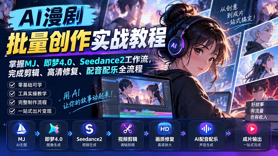 AI漫剧批量创作实战教程:掌握MJ、即梦4.0、Seedance2工作流,完成剪辑、高清修复、配音配乐全流程-来聚吧