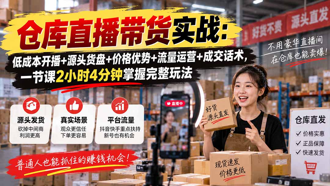 仓库直播带货实战:低成本开播+源头货盘+价格优势+流量运营+成交话术,一节课2小时4分钟掌握完整玩法-来聚吧