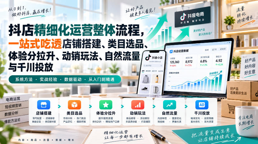 李哥电商-抖店精细化运营整体流程,一站式吃透店铺搭建、类目选品、体验分拉升、动销玩法、自然流量与千川投放-来聚吧