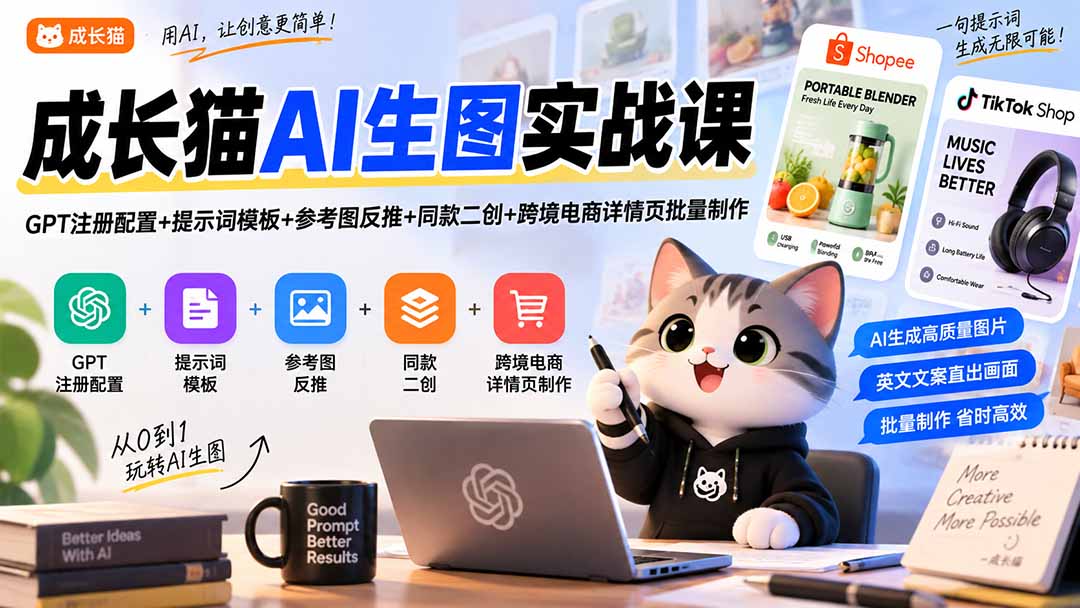 成长猫AI生图实战课|GPT注册配置+提示词模板+参考图反推+同款二创+跨境电商详情页批量制作-来聚吧
