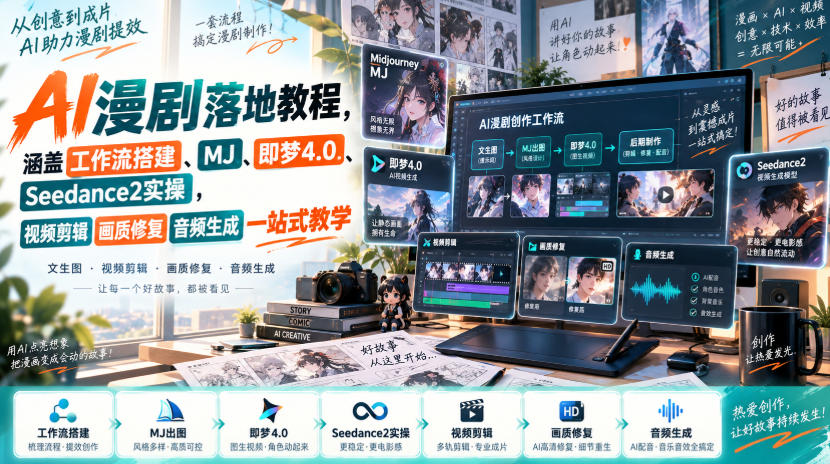 AI漫剧落地教程,涵盖工作流搭建、MJ、即梦4.0、Seedance2实操,视频剪辑画质修复音频生成一站式教学-来聚吧