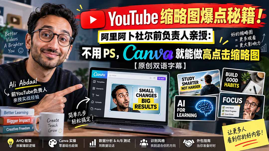 YouTube 缩略图爆点秘籍!阿里阿卜杜尔前负责人亲授:不用 PS,Canva 就能做高点击缩略图【原创双语字幕】-来聚吧