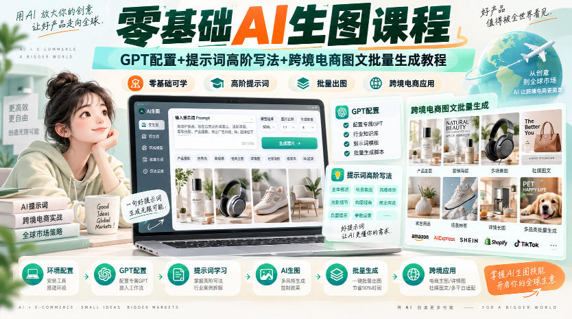 零基础AI生图课程,GPT配置+提示词高阶写法+跨境电商图文批量生成教程-来聚吧