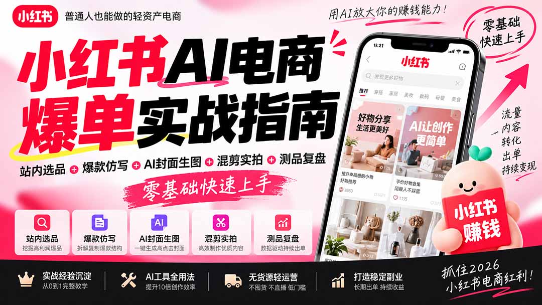 2026小红书AI电商爆单实战指南：站内选品+爆款仿写+AI封面生图+混剪实拍+测品复盘，零基础快速上手-来聚吧
