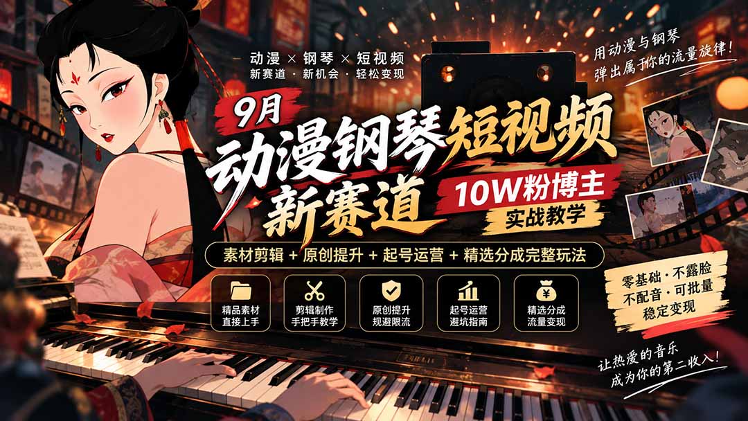 9月动漫钢琴短视频新赛道|10W粉博主实战教学,素材剪辑+原创提升+起号运营+精选分成完整玩法-来聚吧