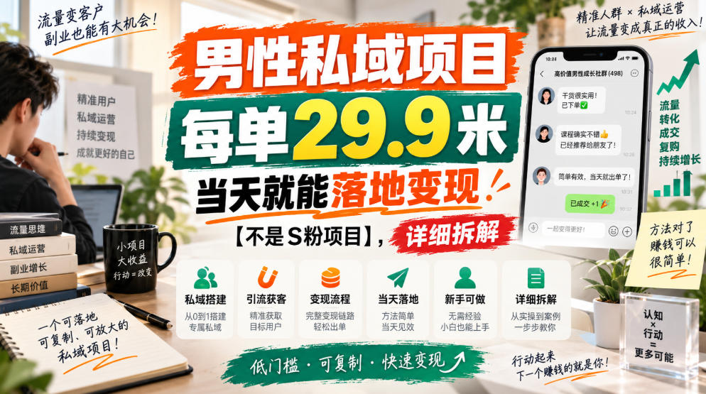 男性私域项目,每单29.9米,当天就能落地变现【不是S粉项目】,详细拆解-来聚吧