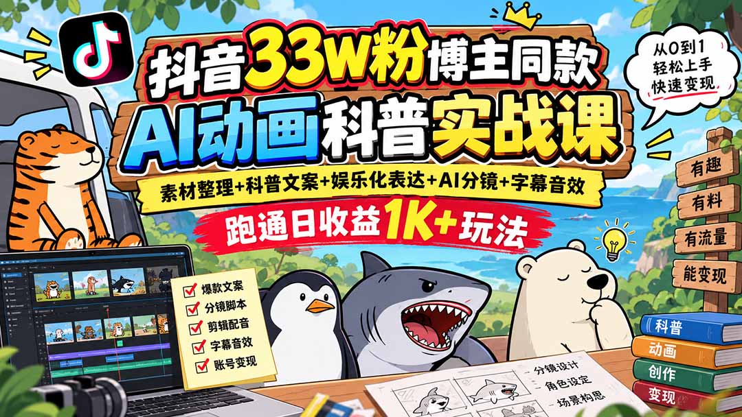 抖音33W粉博主同款AI动画科普实战课|素材整理+科普文案+娱乐化表达+AI分镜+字幕音效,跑通日收益1K+玩法-来聚吧