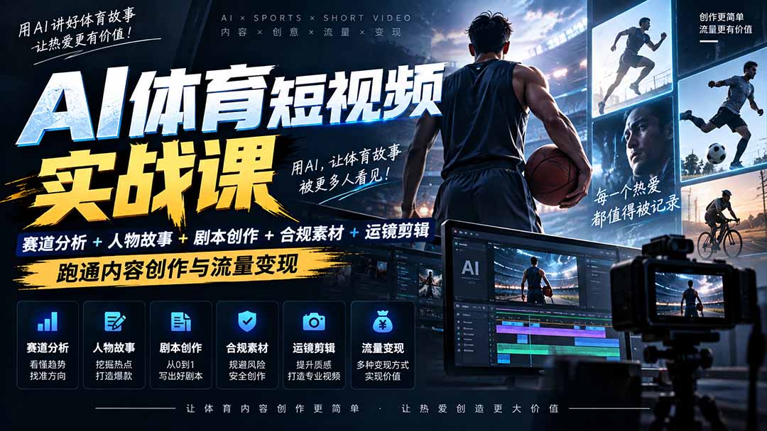 AI体育短视频赛道顶级玩法|赛道分析+人物故事+剧本创作+版权处理+运镜剪辑,跑通流量变现-日赚1K+-来聚吧
