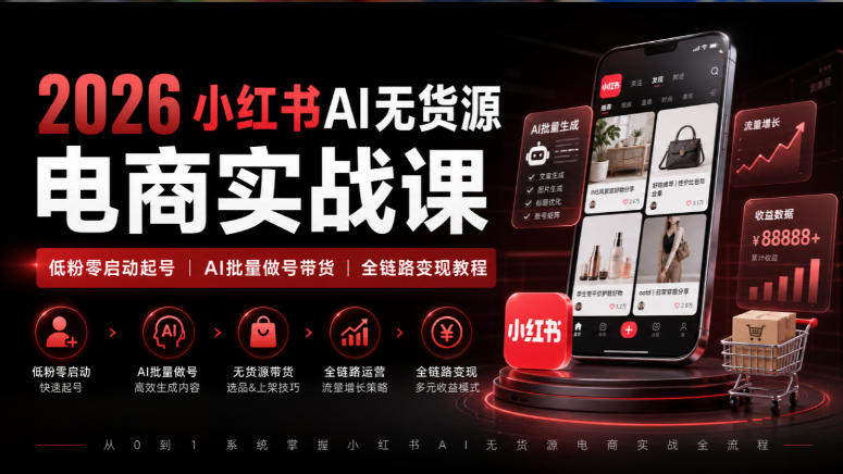 2026小红书AI无货源电商实战课|低粉零启动起号|AI批量做号带货全链路变现教程-来聚吧