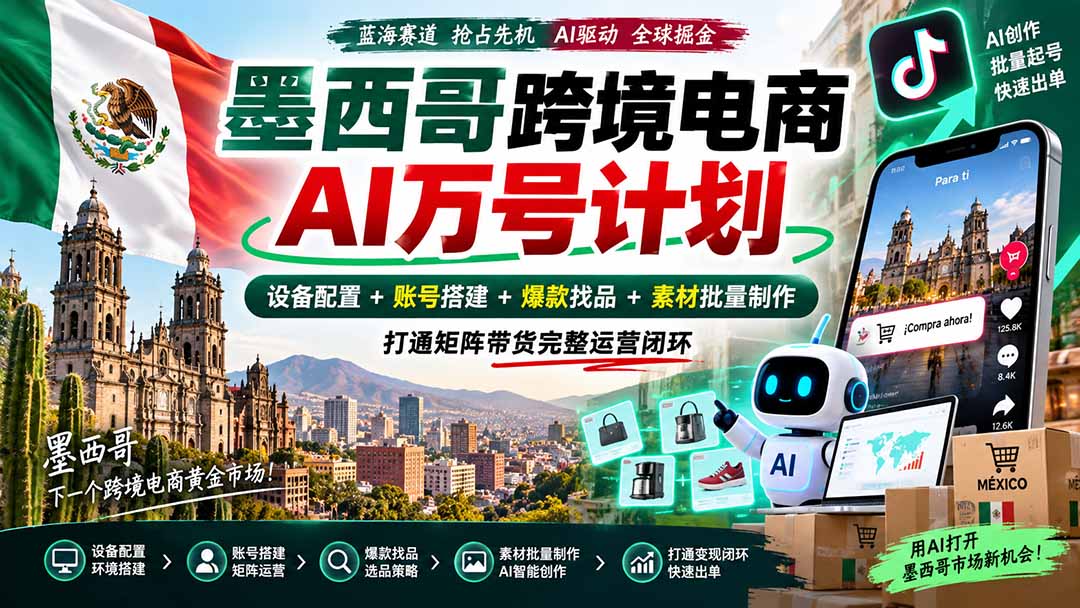 墨西哥AI跨境电商万号计划|设备配置+账号搭建+爆款找品+素材批量制作,打通矩阵带货完整运营闭环-来聚吧
