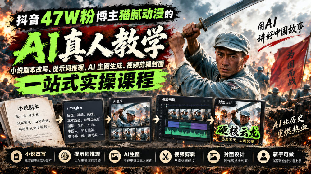 抖音47W粉博主猫腻动漫的AI真人漫剧教学,小说剧本改写、提示词推理、AI生图生成、视频剪辑封面一站式实操课程-来聚吧