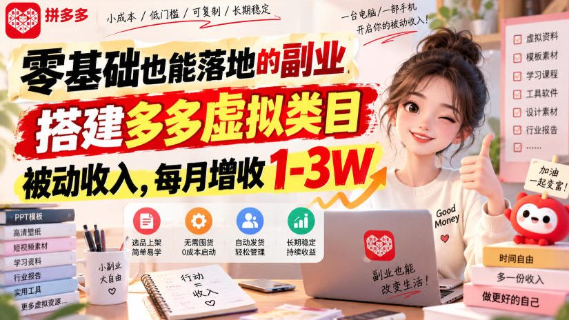零基础也能落地的副业,搭建多多虚拟类目被动收入,每月增收1-3W【揭秘】-来聚吧