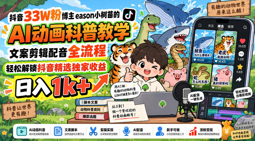 抖音33W粉博主eason小树苗的AI动画科普教学,文案剪辑配音全流程,轻松解锁抖音精选独家收益,日入1k+-来聚吧