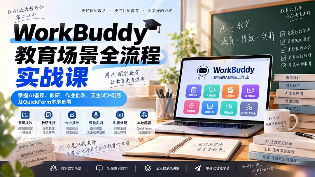 WorkBuddy教育场景全流程实战课:掌握AI备课、教研、作业批改、无生试讲陪练及QuickForm本地部署-来聚吧