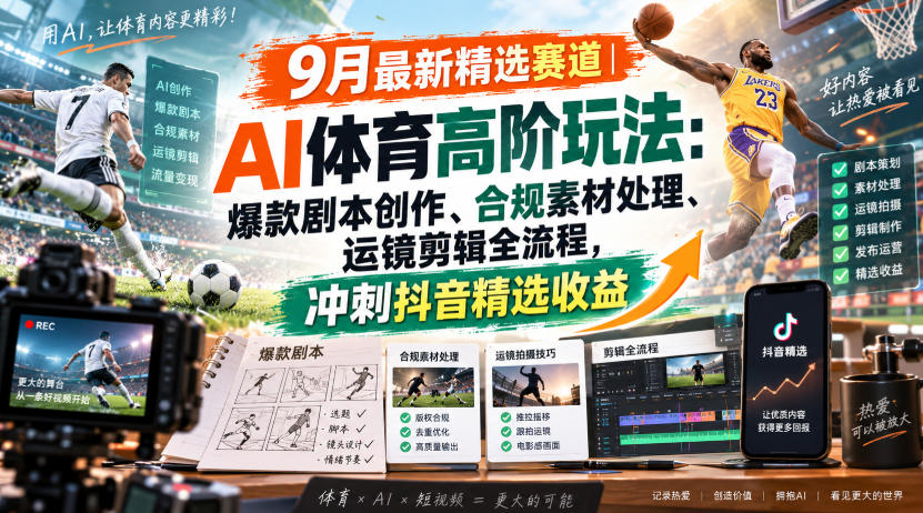 某大佬的9月最新精选赛道之AI体育顶级玩法,爆款剧本创作、版权规避、运镜剪辑全流程,稳拿抖音精选收益-来聚吧