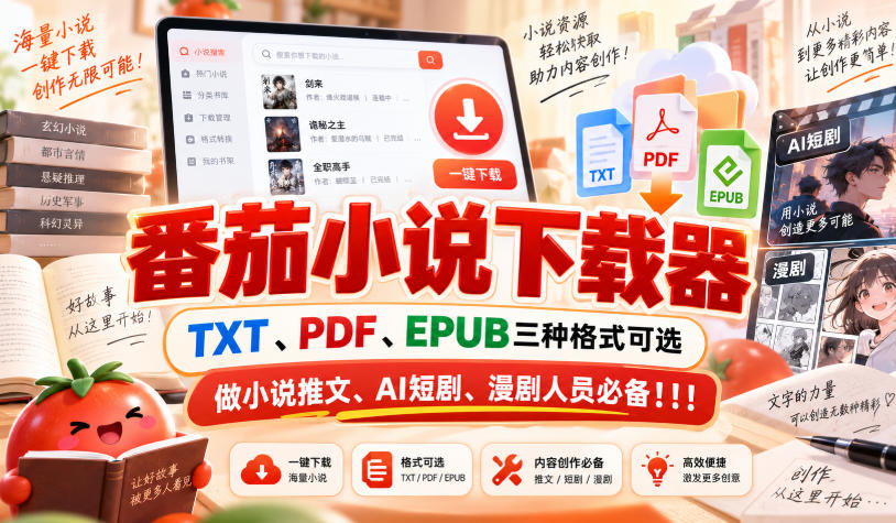 番茄小说下载器,TXT、PDF、EPUB三种格式可选,做小说推文、AI短剧、漫剧人员必备!!!-来聚吧
