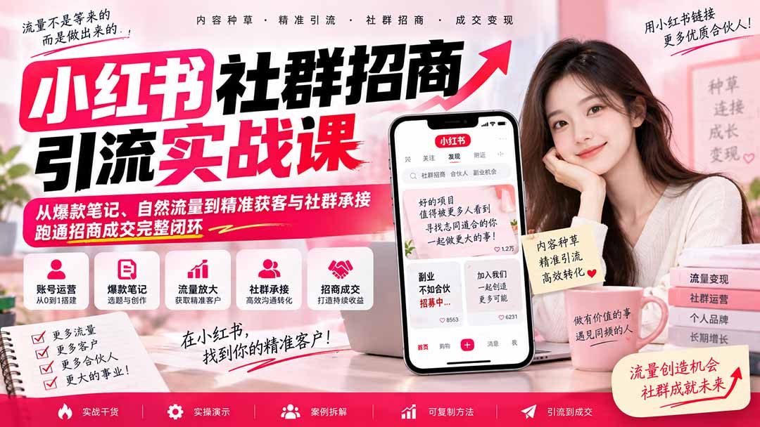 小红书社群招商引流实战课-无水印:从爆款笔记、自然流量到精准获客与社群承接,跑通招商成交完整闭环-来聚吧
