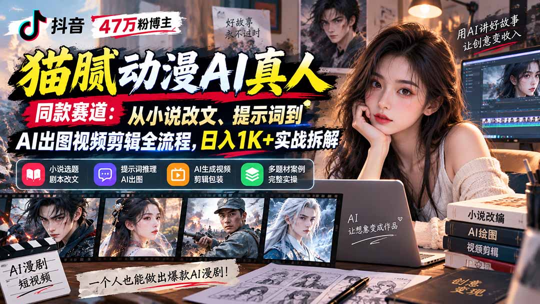 抖音47万粉博主猫腻动漫AI真人同款赛道：从小说改文、提示词到AI出图视频剪辑全流程，日入1K+实战拆解-来聚吧