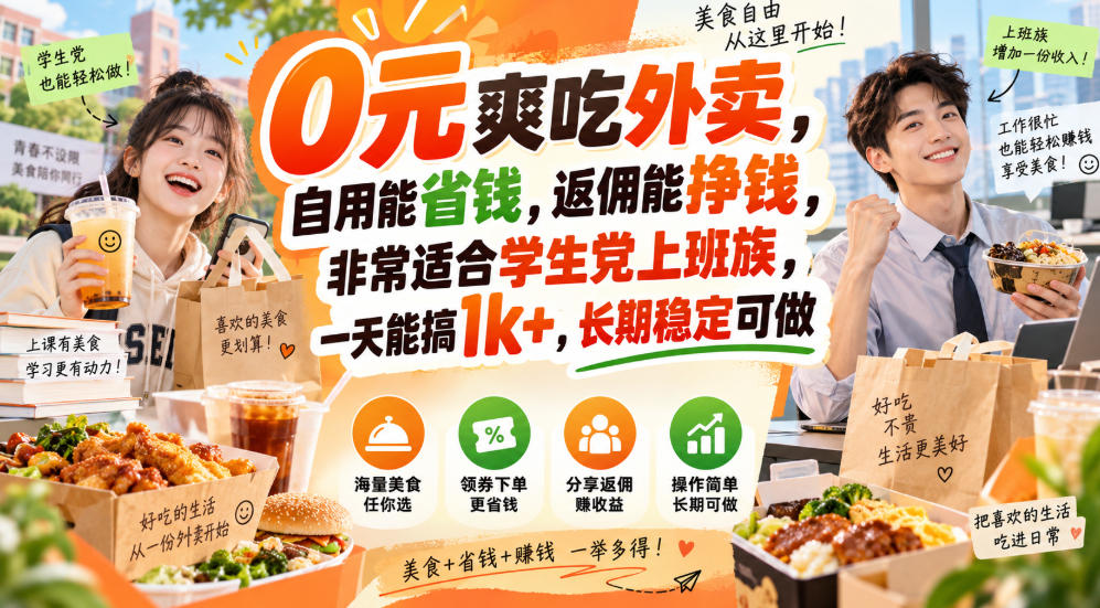 0元爽吃外卖,自用能省钱,返佣能挣钱,非常适合学生党上班族,一天能搞1k+,长期稳定可做-来聚吧