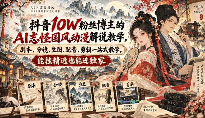 抖音10W粉丝博主满堂诡事的AI志怪国风动漫解说教学,剧本、分镜、生图、配音、剪辑一站式教学,能挂精选也能进独家-来聚吧