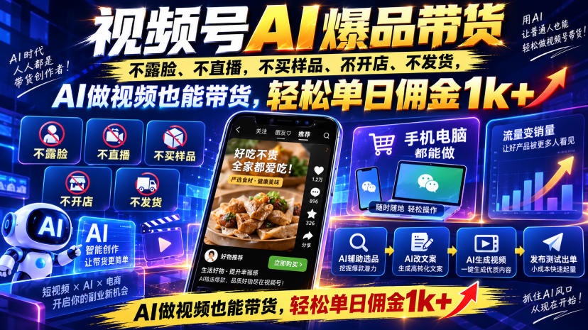 视频号Ai爆品带货,不露脸、不直播、不买样品、不开店、不发货,AI做视频也能带货,轻松单日佣金1k+-来聚吧