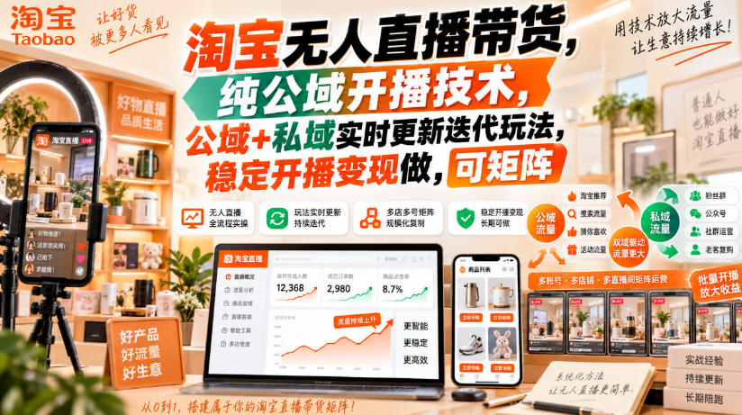 淘宝无人直播带货,纯公域开播技术,公域+私域实时更新迭代玩法,稳定开播变现做,可矩阵【揭秘】-来聚吧