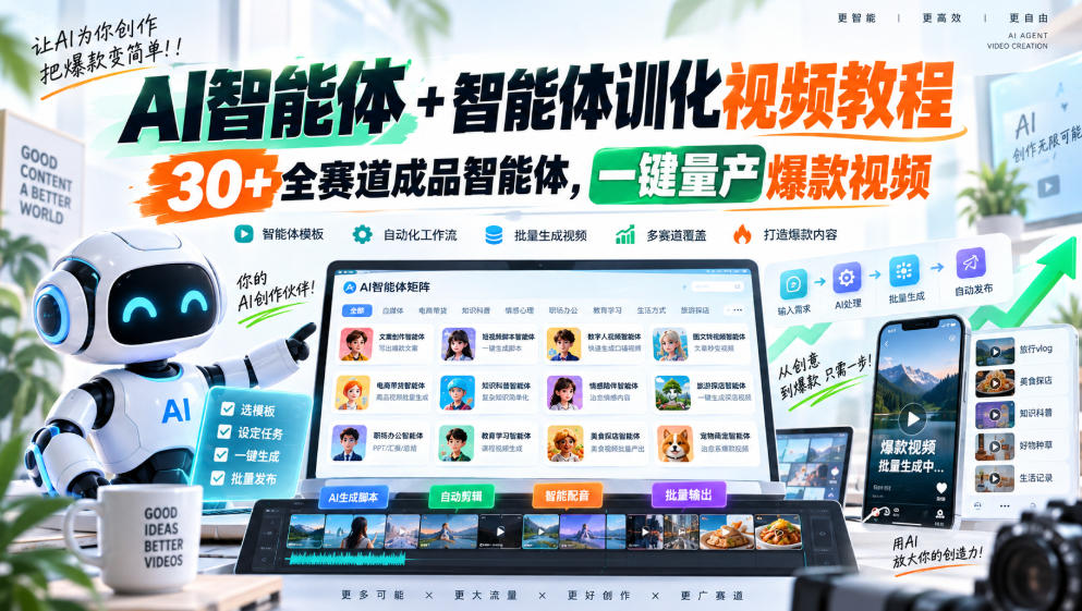 AI智能体+智能体训化视频教程,30+全赛道成品智能体,一键量产爆款视频-来聚吧
