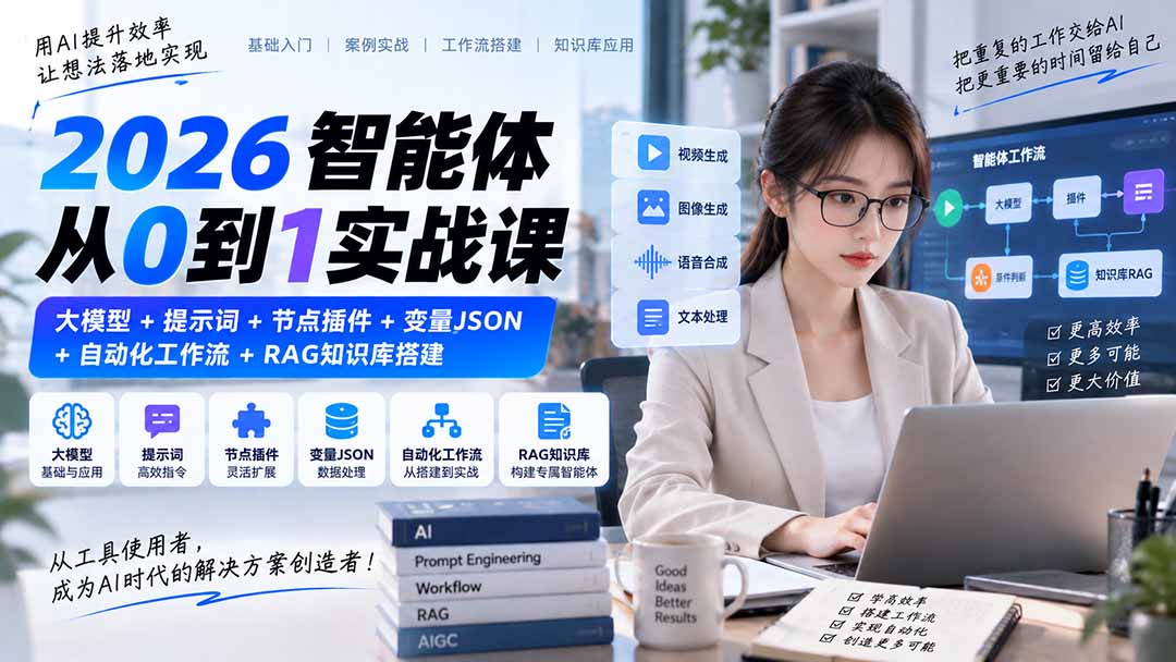2026智能体从0到1实战课｜大模型+提示词+节点插件+变量JSON+自动化工作流+RAG知识库搭建-来聚吧