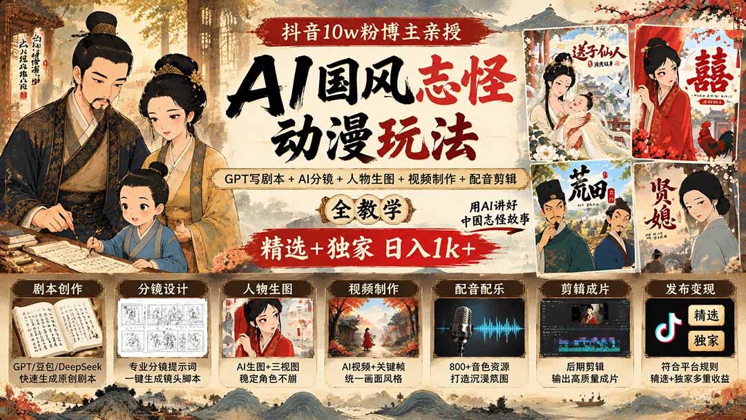 抖音10w粉博主亲授AI国风志怪动漫玩法|GPT写剧本+AI分镜+人物生图+视频制作+配音剪辑全教学|精选+独家日入1k+-来聚吧
