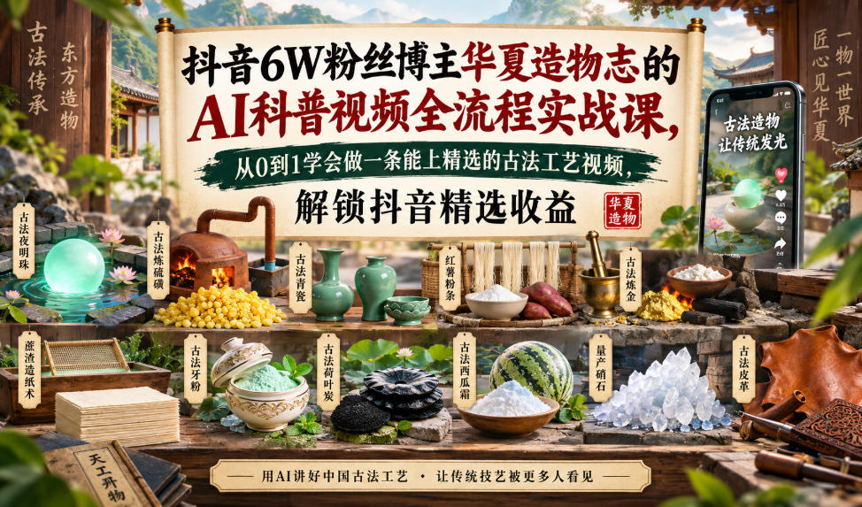 抖音6W粉丝博主华夏造物志的AI科普视频全流程实战课,从0到1学会做一条能上精选的古法工艺视频,解锁抖音精选收益-来聚吧