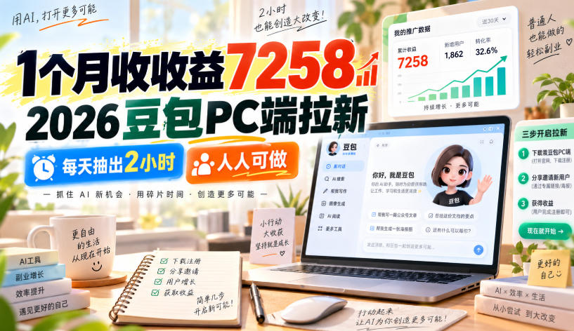 1个月收收益7258,2026豆包PC端拉新,每天抽出2小时,人人可做-来聚吧