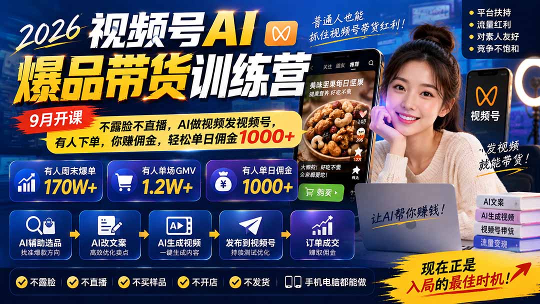 2026视频号AI爆品带货训练营-9月开课|不露脸不直播,AI做视频发视频号,有人下单,你赚佣金,轻松单日佣金1000+-来聚吧