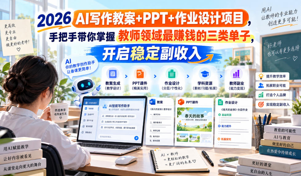 2026 AI写作教案+PPT+作业设计项目，手把手带你掌握教师领域最賺钱的三类单子，开启稳定副收入-来聚吧