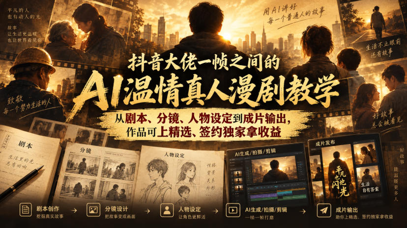 抖音大佬一帧之间的AI温情真人漫剧教学,从剧本、分镜、人物设定到成片输出,作品可上精选、签约独家拿收益-来聚吧