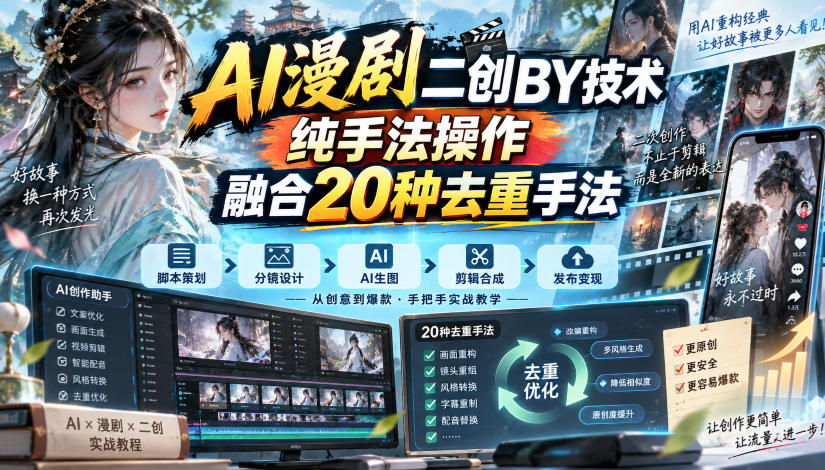 AI漫剧二创搬运技术，纯手法操作，融合20种去重手法-来聚吧