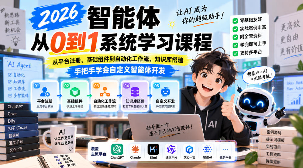 2026智能体从0到1系统学习课程，从平台注册、基础组件到自动化工作流、知识库搭建，手把手学会自定义智能体开发-来聚吧