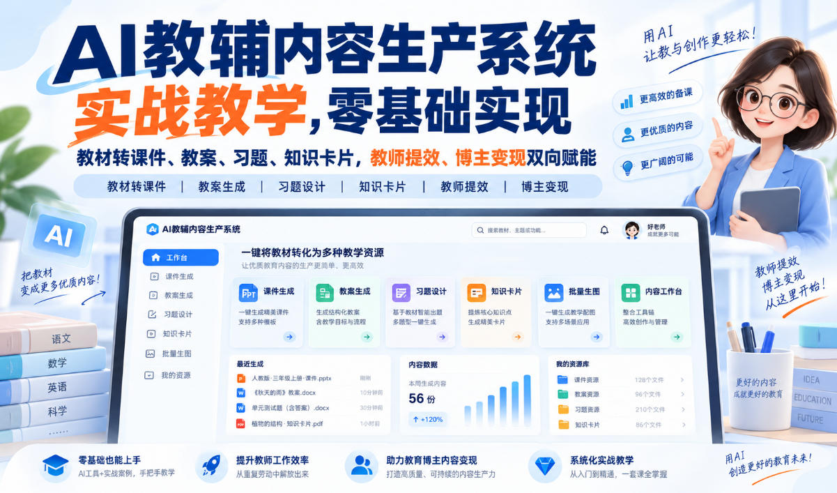 AI教辅内容生产系统实战教学，零基础实现教材转课件、教案、习题、知识卡片，教师提效、博主变现双向赋能-来聚吧