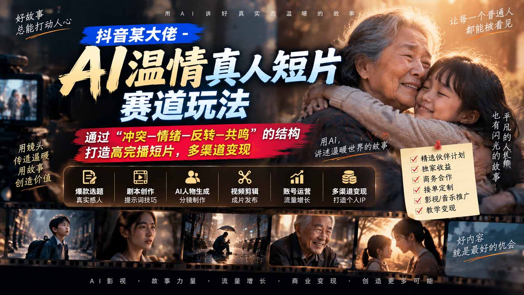 抖音某大佬-AI温情真人短片赛道玩法:通过“冲突—情绪—反转—共鸣”的结构打造高完播短片,多渠道变现-来聚吧