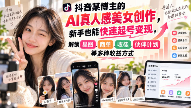 抖音某博主的AI真人感美女创作,新手也能快速起号变现,解锁星图,商单,收徒,伙伴计划等多种收益方式-来聚吧