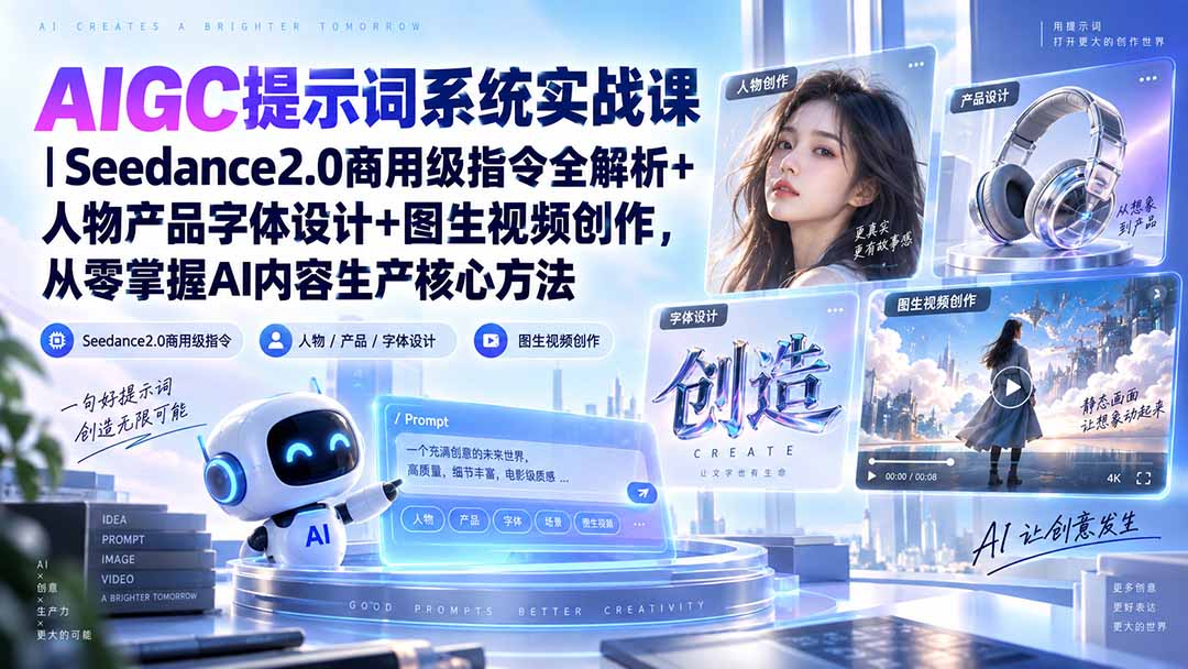 AIGC提示词系统实战课-无水印|Seedance2.0商用级指令全解析+人物产品字体设计+图生视频创作,掌握AI内容生产方法-来聚吧