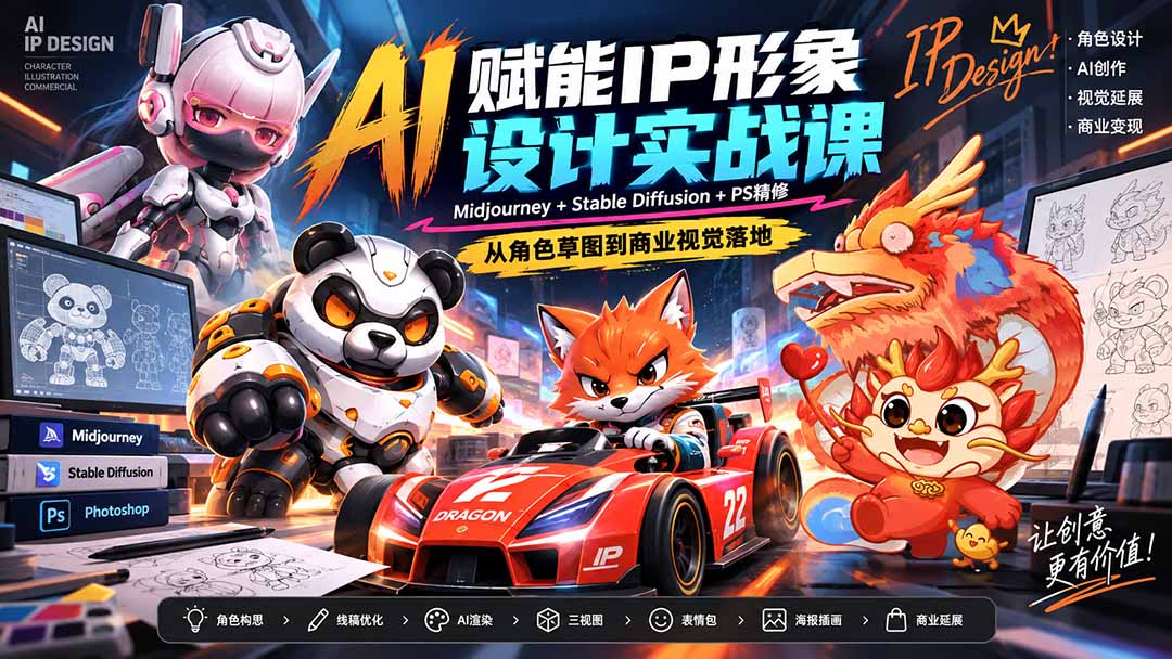 AI赋能IP形象设计实战课-无水印：Midjourney+Stable Diffusion+PS精修，从角色草图到商业视觉落地-来聚吧