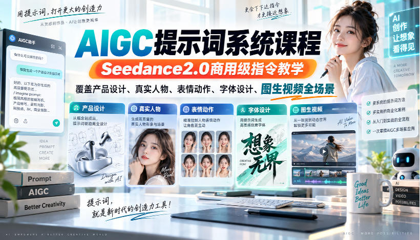 AIGC提示词系统课程,Seedance2.0商用级指令教学,覆盖产品设计、真实人物、表情动作、字体设计、图生视频全场景-来聚吧