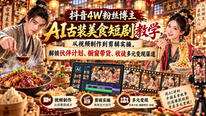抖音4W粉丝博主AI古装美食短剧教学,从视频制作到剪辑实操,解锁伙伴计划、橱窗带货、收徒多元变现渠道-来聚吧