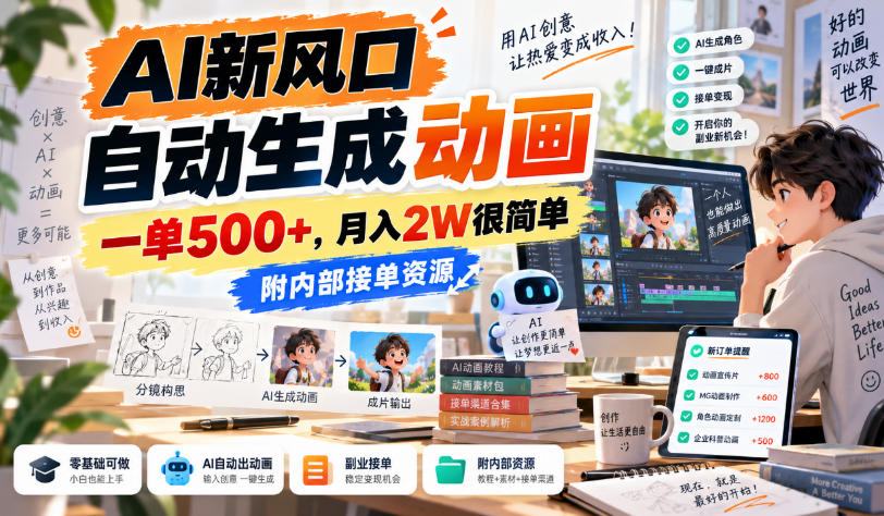 AI新风口，自动生成动画，一单500+，月入2W很简单，附内部接单资源【揭秘】-来聚吧