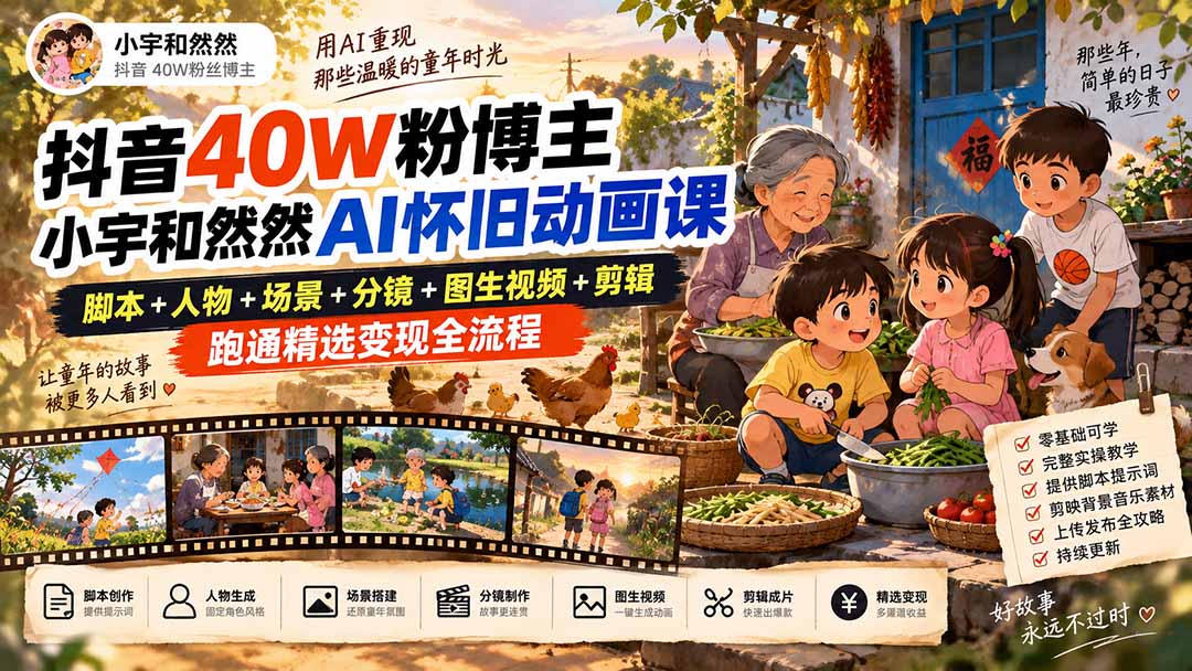 抖音40W粉博主小宇和然然AI怀旧动画课|脚本+人物+场景+分镜+图生视频+剪辑,跑通精选变现全流程-来聚吧