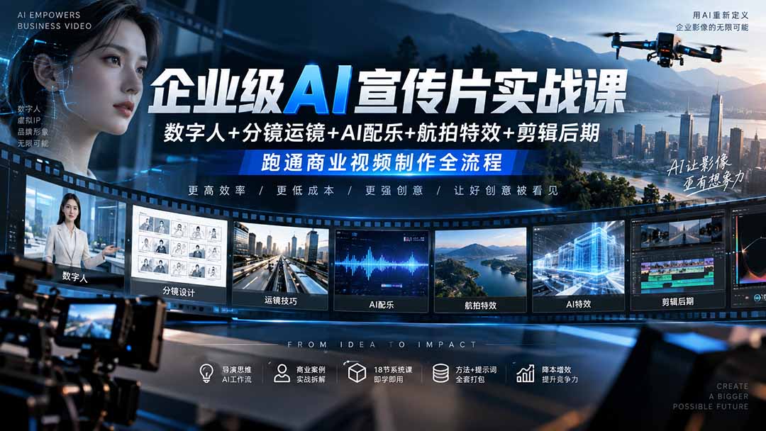 企业级AI宣传片实战课|数字人+分镜运镜+AI配乐+航拍特效+剪辑后期,跑通商业视频制作全流程-来聚吧