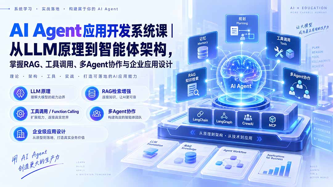 AI Agent应用开发系统课-179节|从LLM原理到智能体架构,掌握RAG、工具调用、多Agent协作与企业应用设计-来聚吧