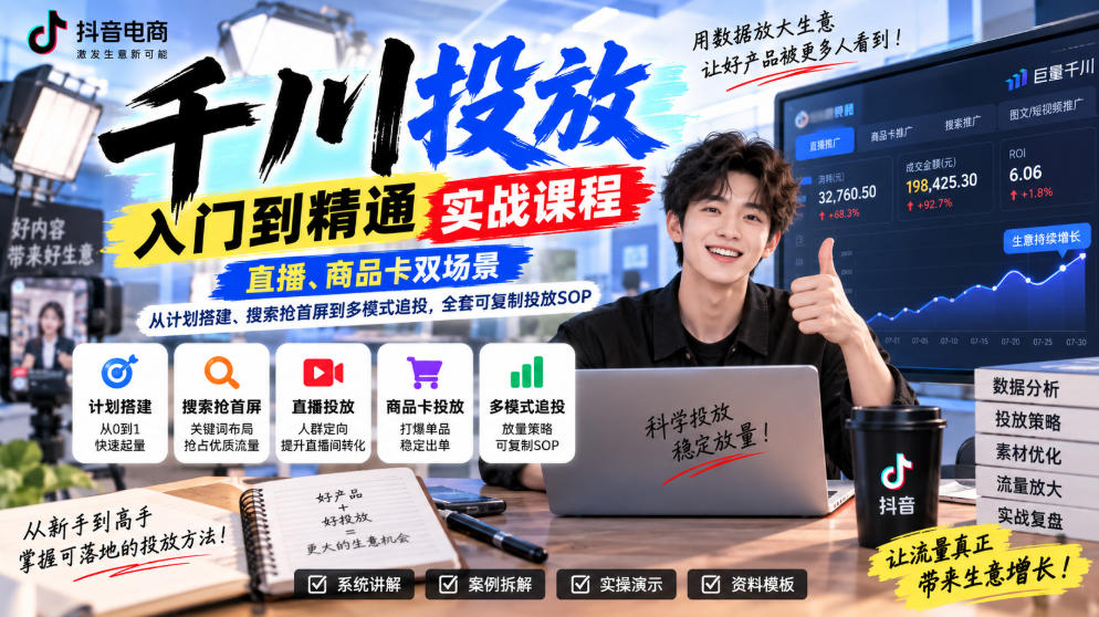 千川投放入门到精通实战课程,直播、商品卡双场景,从计划搭建、搜索抢首屏到多模式追投,全套可复制投放SOP-来聚吧